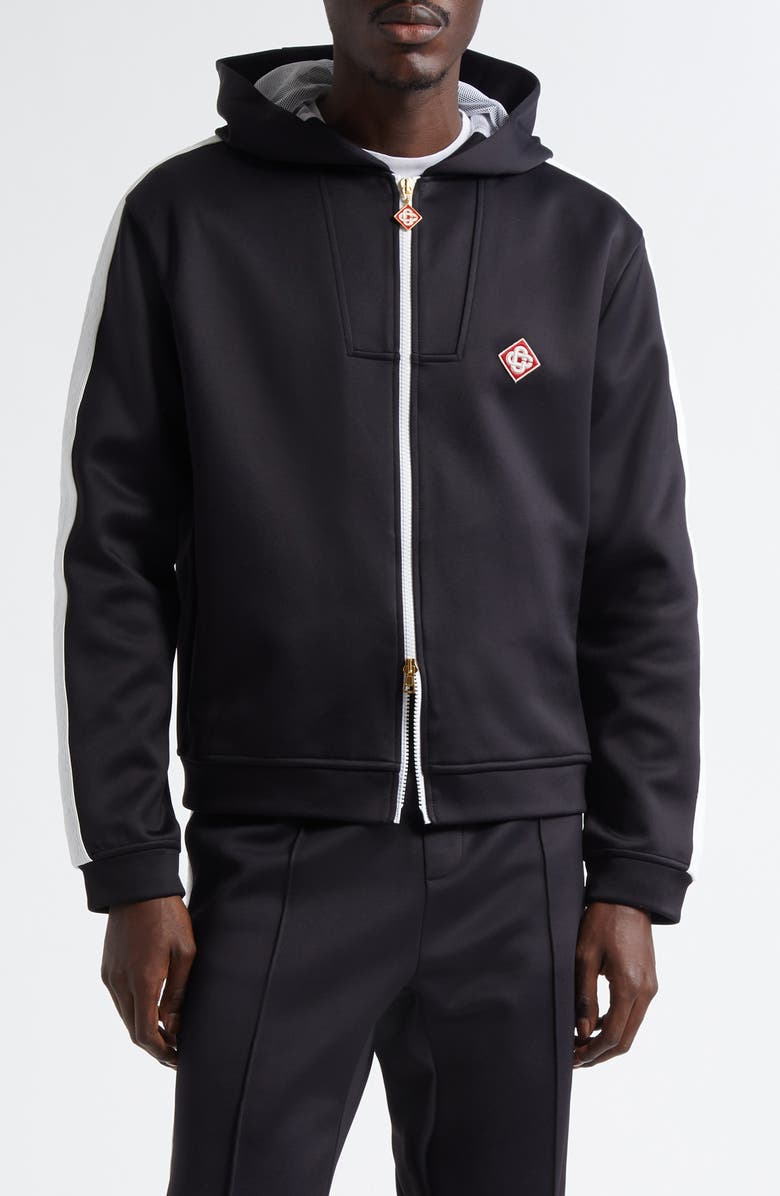 Casablanca Laurel Tape Hooded Scuba Knit Jersey Track Jacket, Main, color, Black