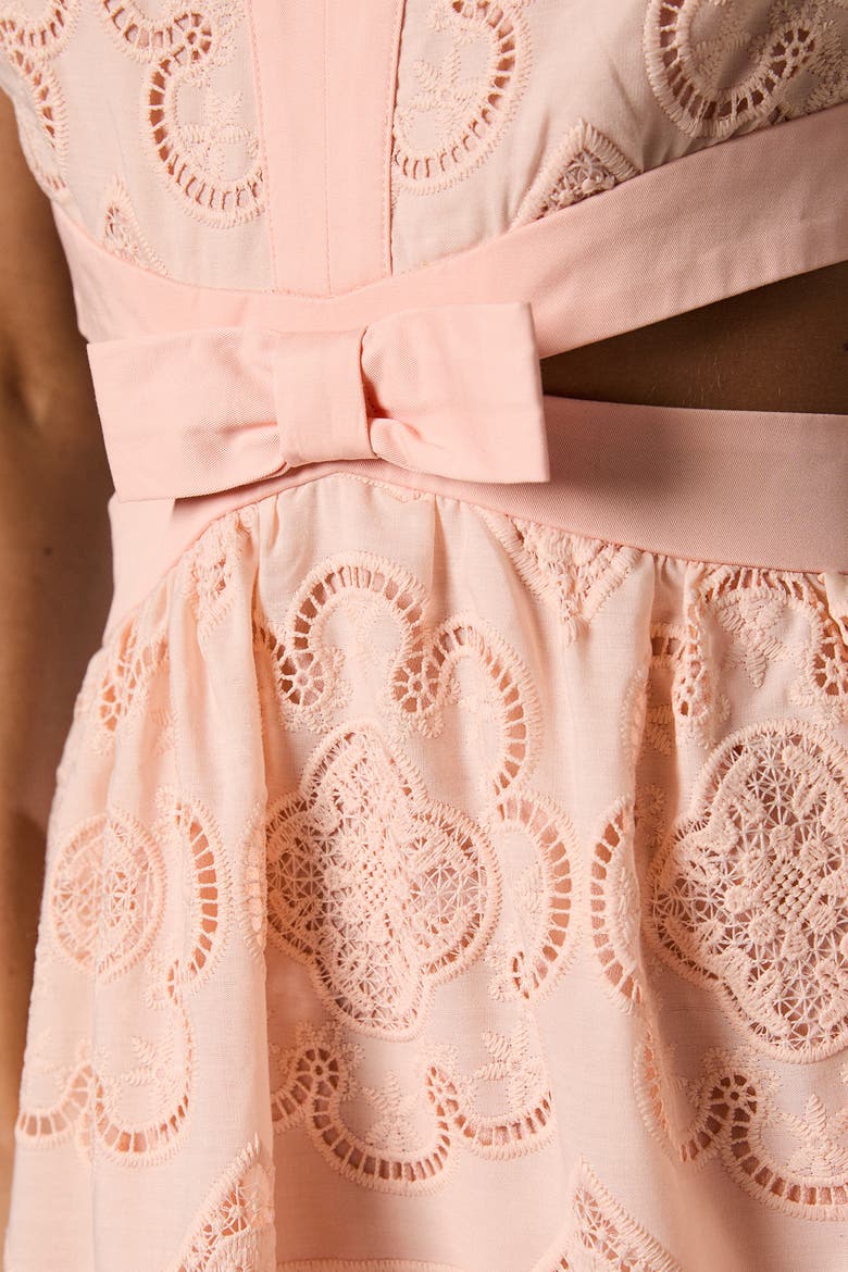 V-Neck Cut Out Lace Midi Dress, Alternate, color, Peach