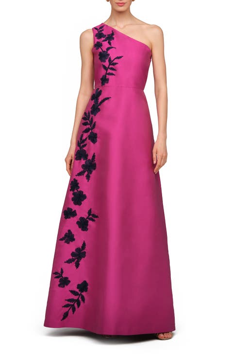 Madelyn Embroidered One-Shoulder Satin Gown