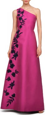 Kay Unger Madelyn Embroidered One-Shoulder Satin Gown