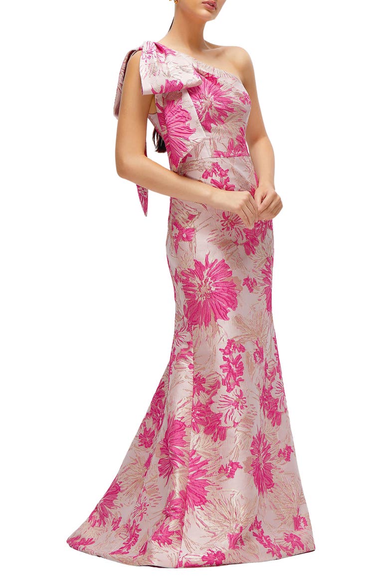 One-Shoulder Metallic Floral Jacquard Trumpet Gown, Alternate, color, PINK MULTI