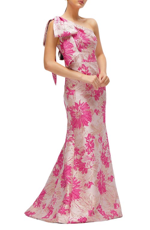 Alfred Sung One-shoulder Metallic Floral Jacquard Trumpet Gown In Pink Multi