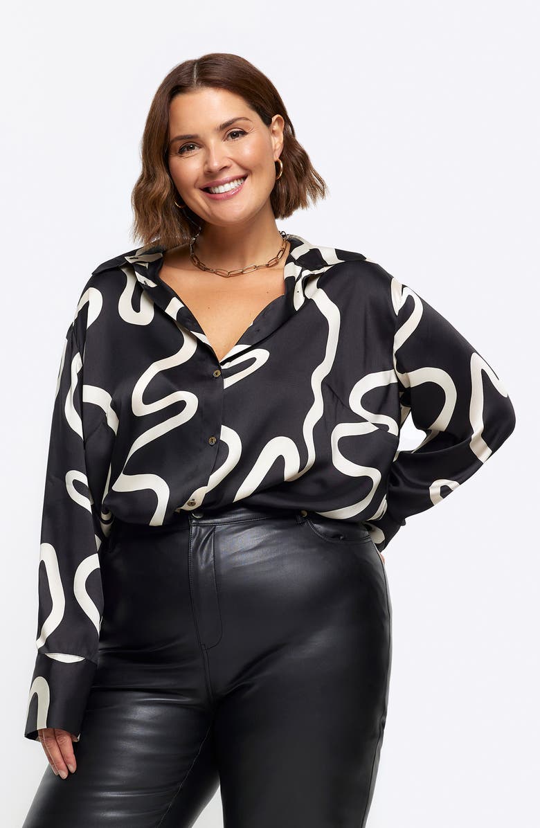 River Island Oversize Abstract Print Satin Button-Up Shirt, Alternate, color, 
