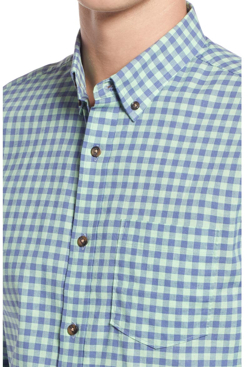Trim Fit Gingham Linen & Cotton Button-Down Shirt, Alternate, color, BLUE - GREEN CL GINGHAM