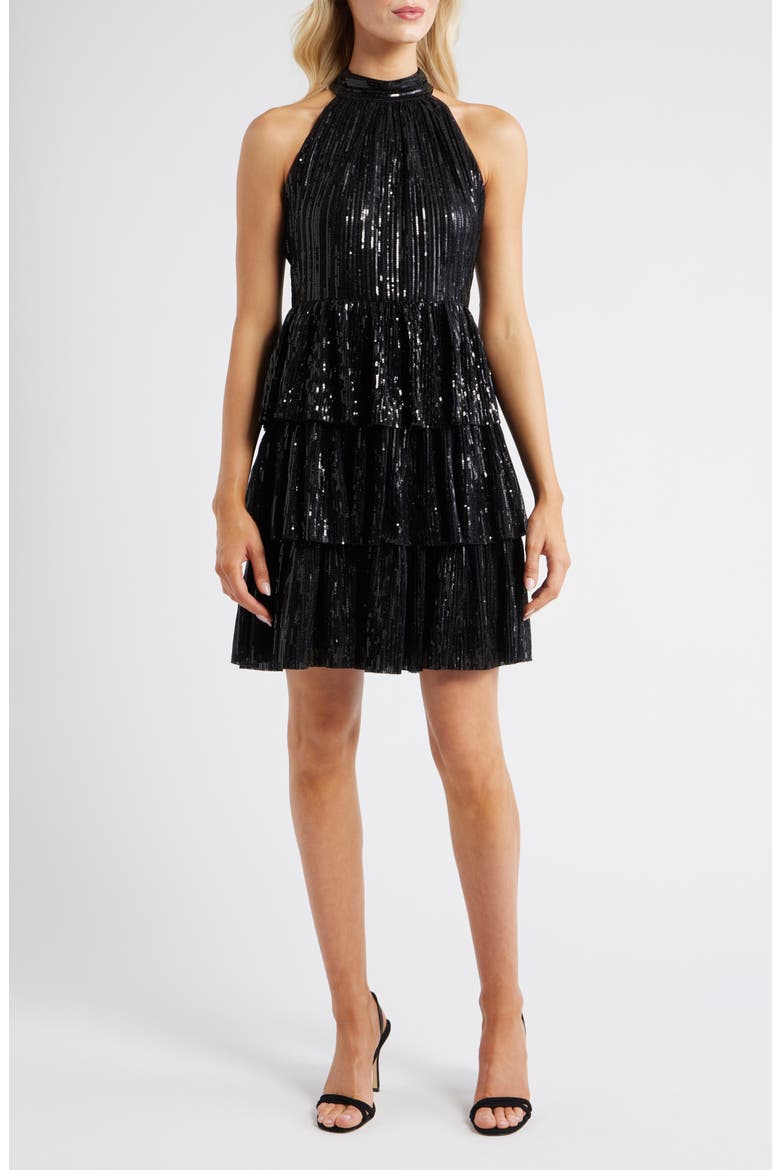 Sequin Tiered Halter Party Dress, Main, color, BLACK