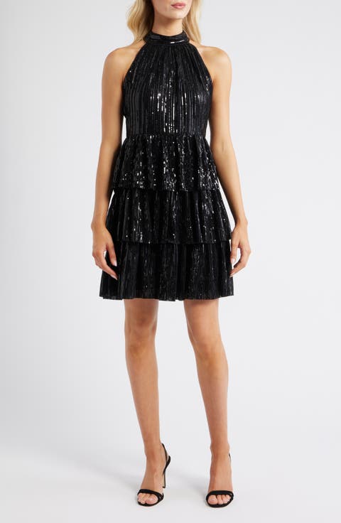 Sequin Tiered Halter Party Dress