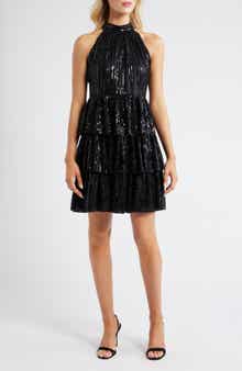 Eliza J Sequin Tiered Halter Party Dress
