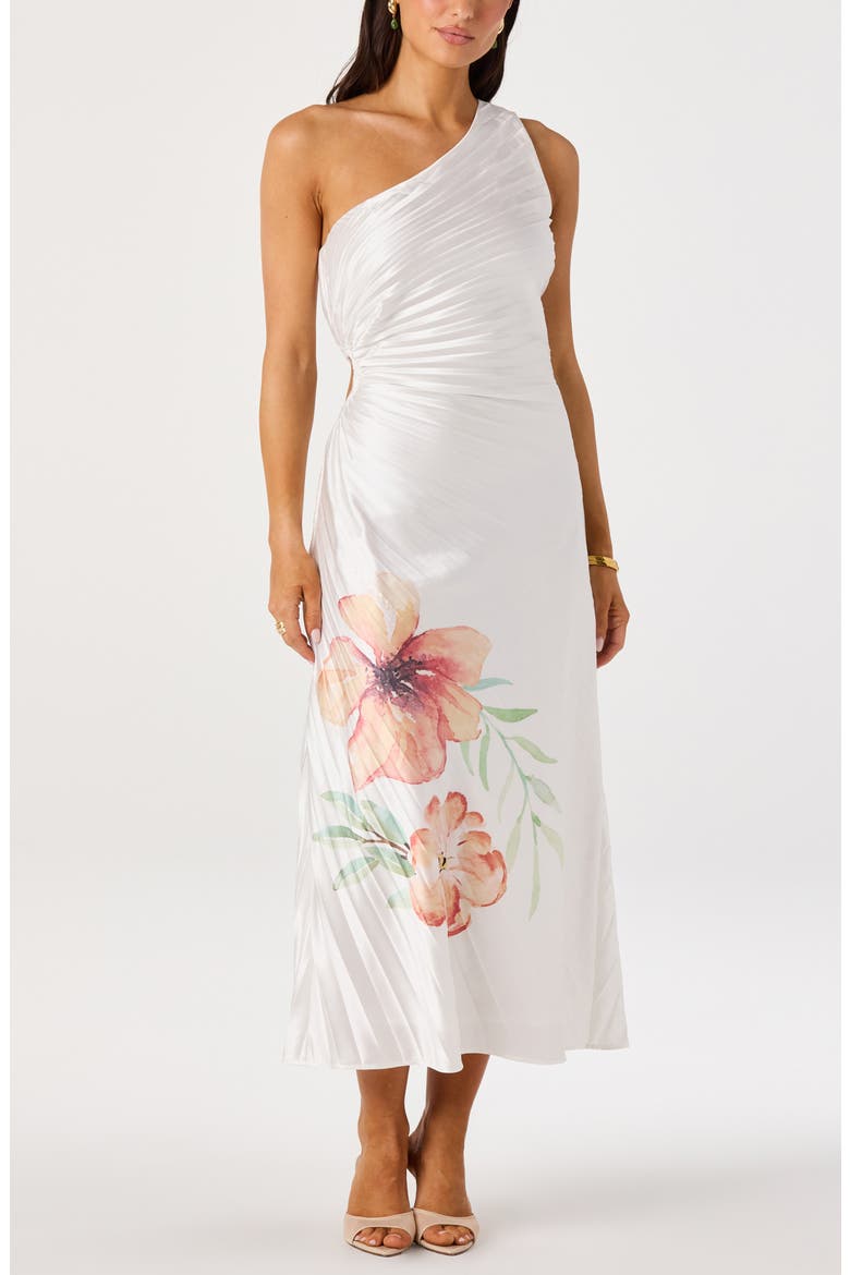 Cameron Pleated One-Shoulder Midi Dress, Alternate, color, WHITE ORANGE FLORAL