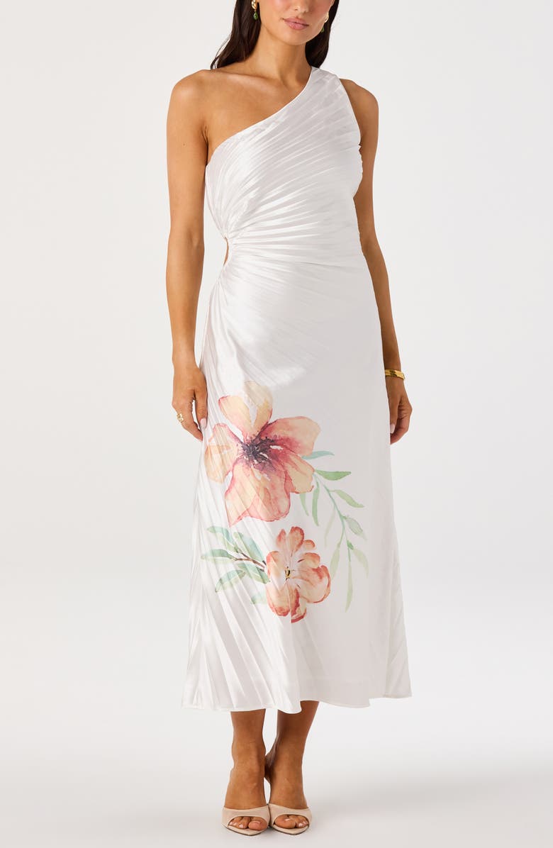 ASTR the Label Cameron Pleated One-Shoulder Midi Dress, Alternate, color, White Orange Floral
