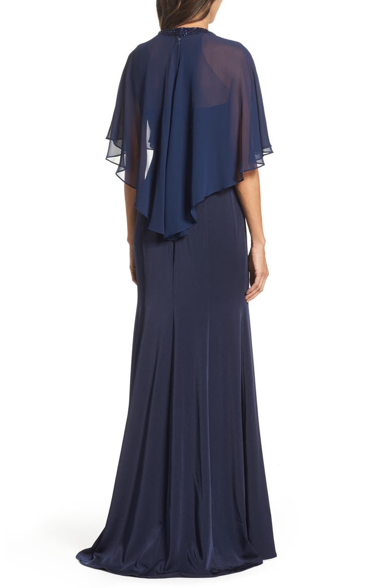 Illusion Cape Trumpet Gown, Alternate, color, NAVY