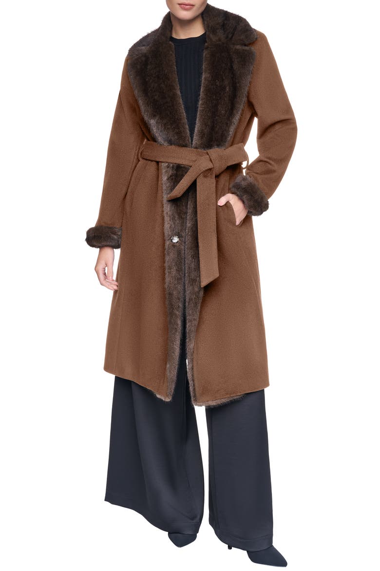 Belted Wool Blend Coat with Faux Fur Trim, Main, color, VICUNA