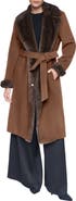 HALSTON Belted Wool Blend Coat with Faux Fur Trim
