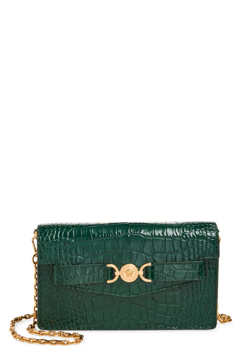Medusa Croc Embossed Leather Wallet on a Chain, Main, color, DARK EMERALD GOLD