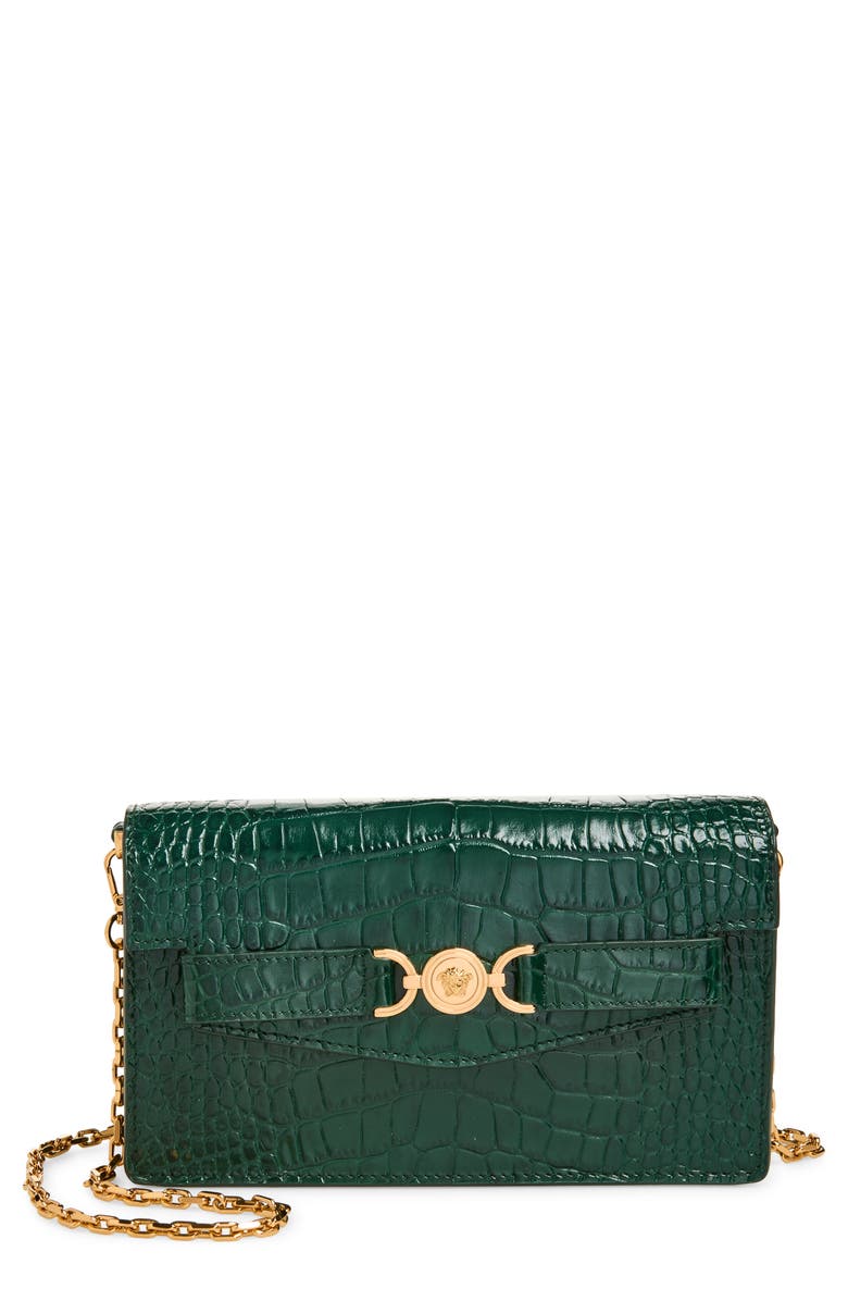 Versace Medusa Croc Embossed Leather Wallet on a Chain, Main, color, Dark Emerald Gold