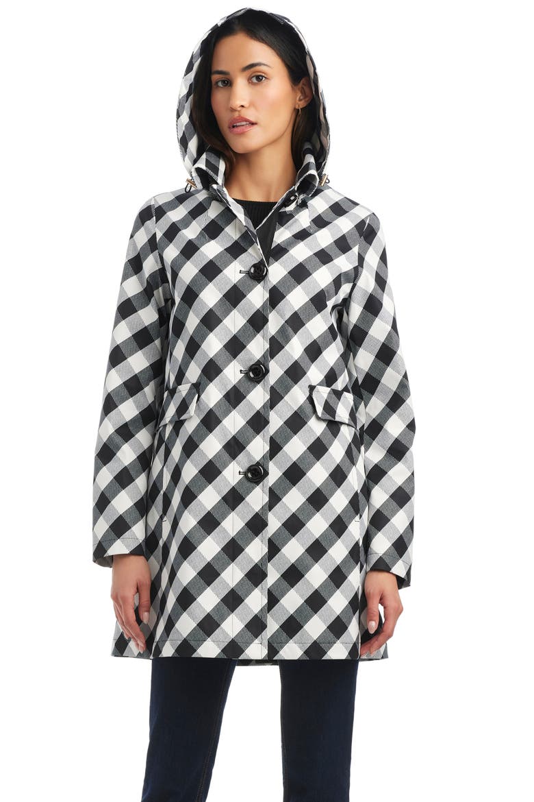 hooded water resistant a-line trench coat, Alternate, color, BLACK