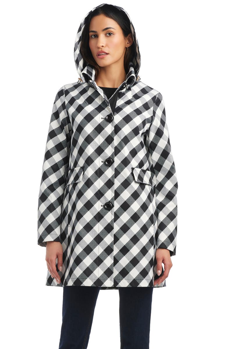 Kate Spade New York hooded water resistant a-line trench coat, Alternate, color, Black