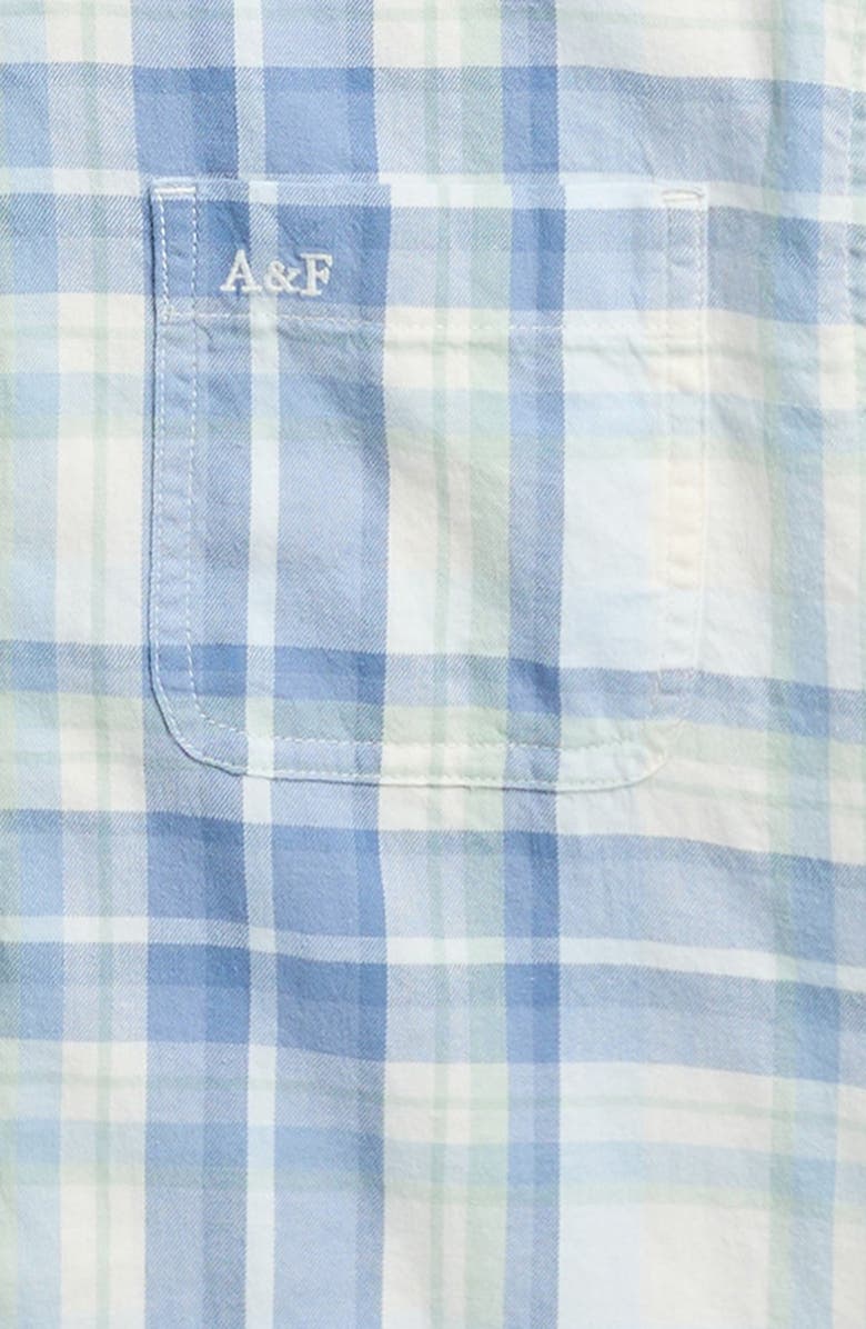 abercrombie kids Kids' Boxy Fit Plaid Short Sleeve Cotton Button-Up Shirt, Alternate, color, Jet Stream