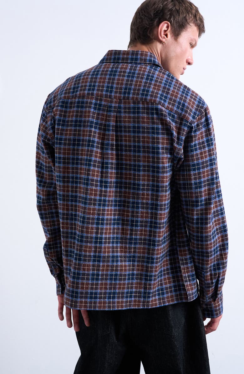 Topman Relaxed Fit Check Cotton Flannel Button-Up Overshirt, Alternate, color, Brown
