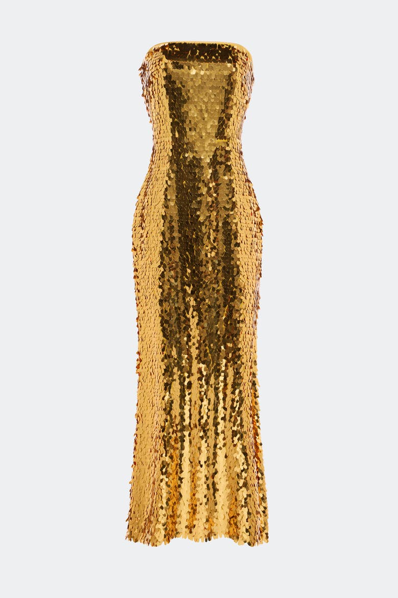 Sculpty Strapless Teardrop Sequin Dress, Main, color, Star Gold
