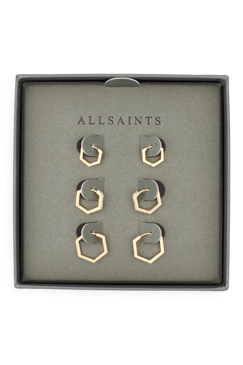 Set of 3 Crystal Hexagonal Hoop Earrings, Main, color, GOLD