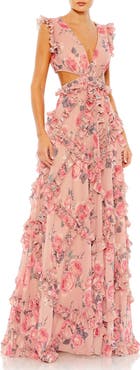 Mac Duggal Ruffled Cut Out Cap Sleeve V Neck Gown