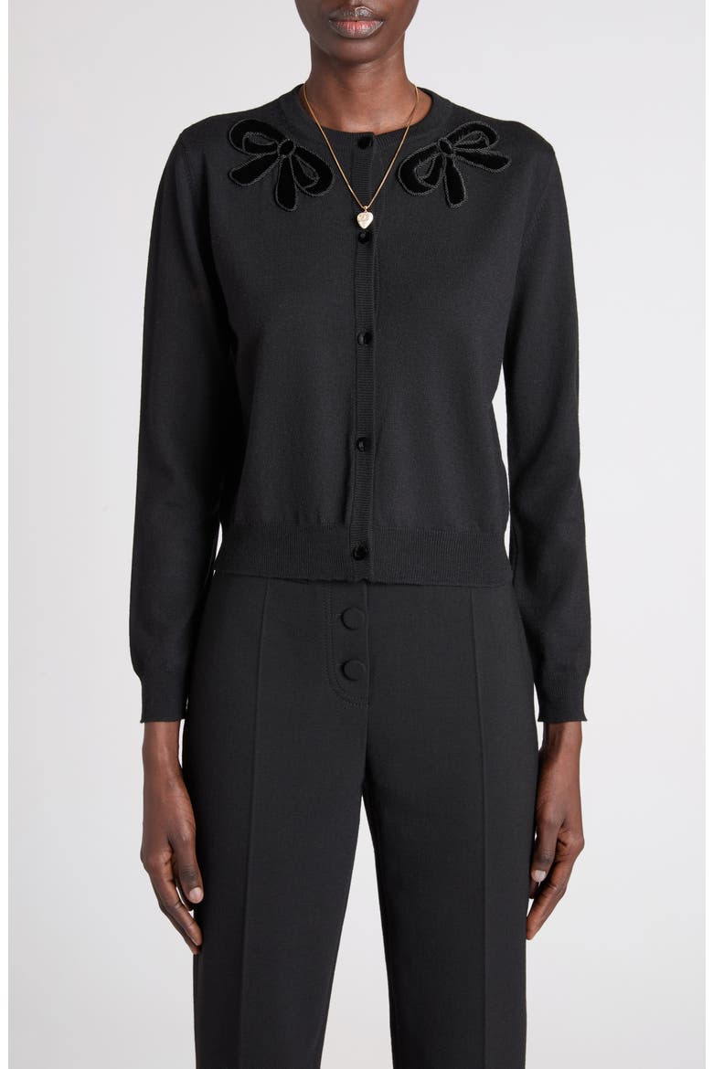 Embroidered Bow Appliqué Virgin Wool Cardigan, Main, color, BLACK