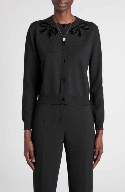 Valentino Garavani Embroidered Bow Appliqué Virgin Wool Cardigan In Black