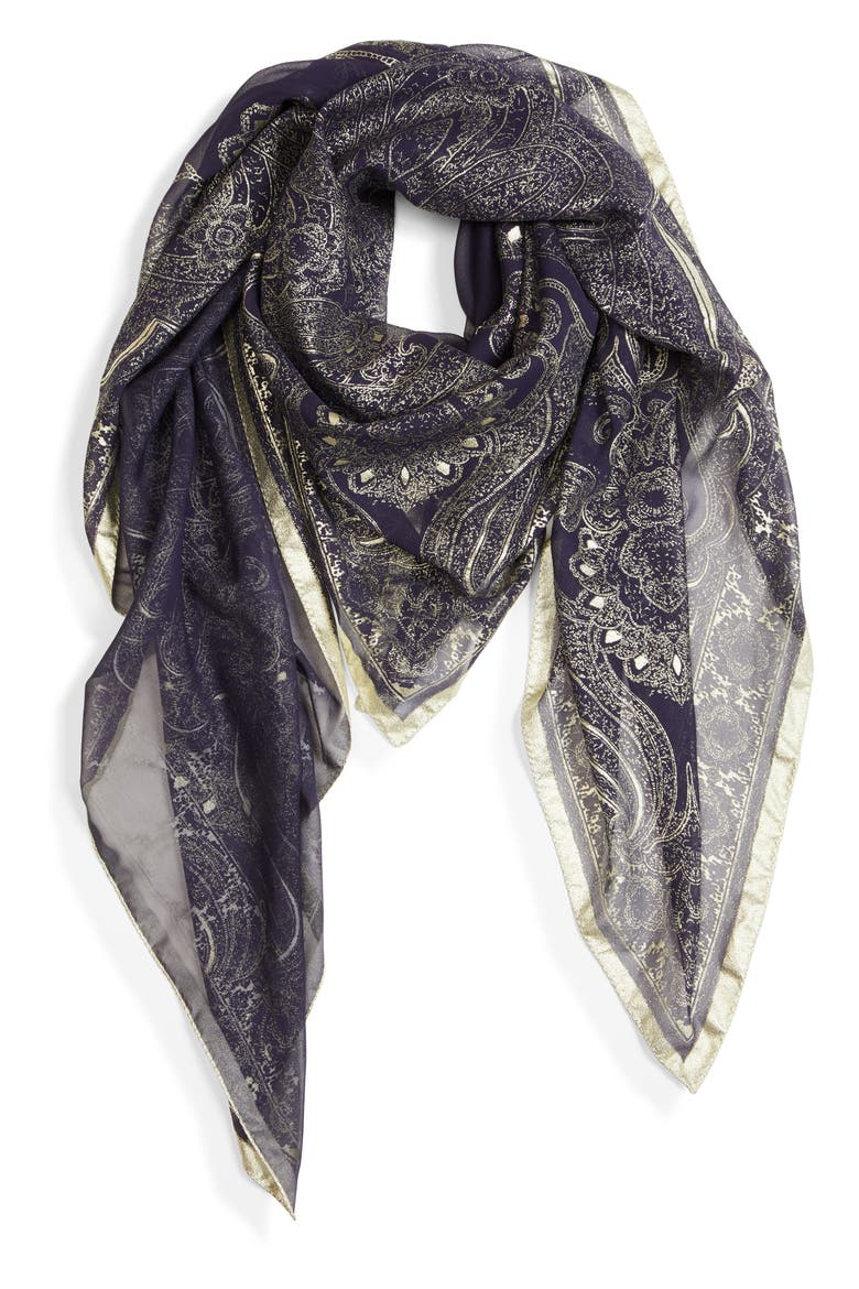 Bombay Metallic Paisley Silk Scarf, Alternate, color, NAVY