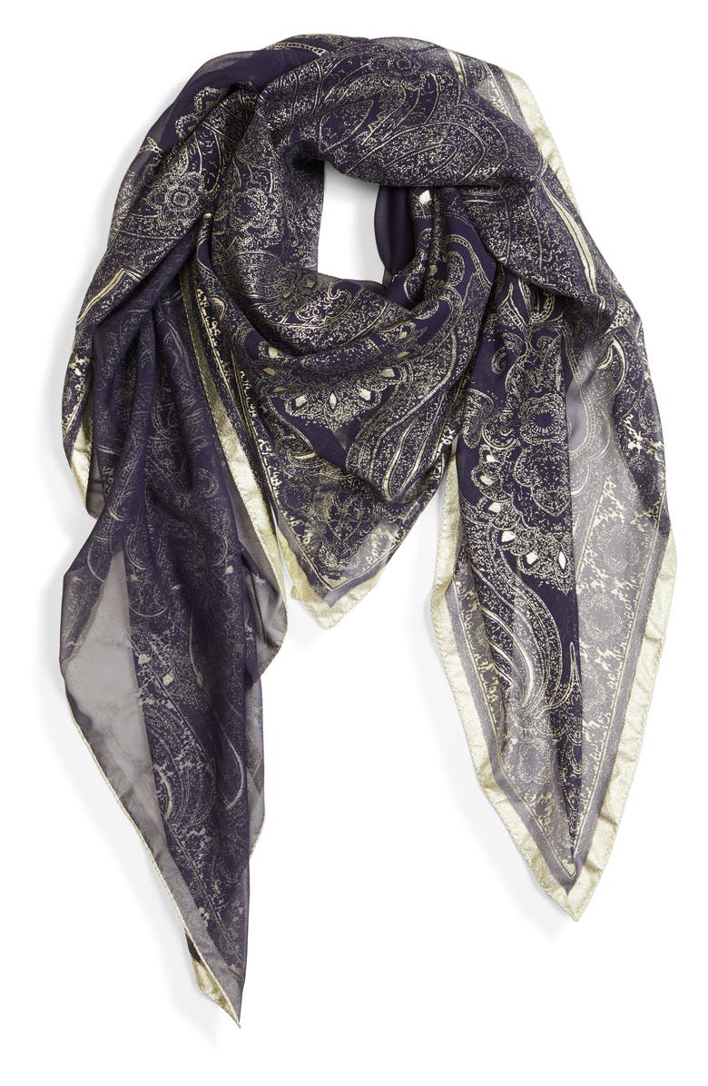 Etro Bombay Metallic Paisley Silk Scarf, Alternate, color, 