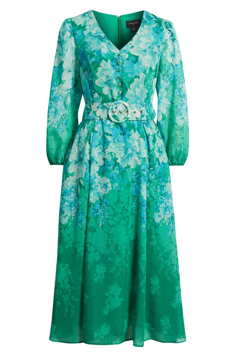 Long Sleeve Floral Print Midi Dress, Alternate, color, GREEN