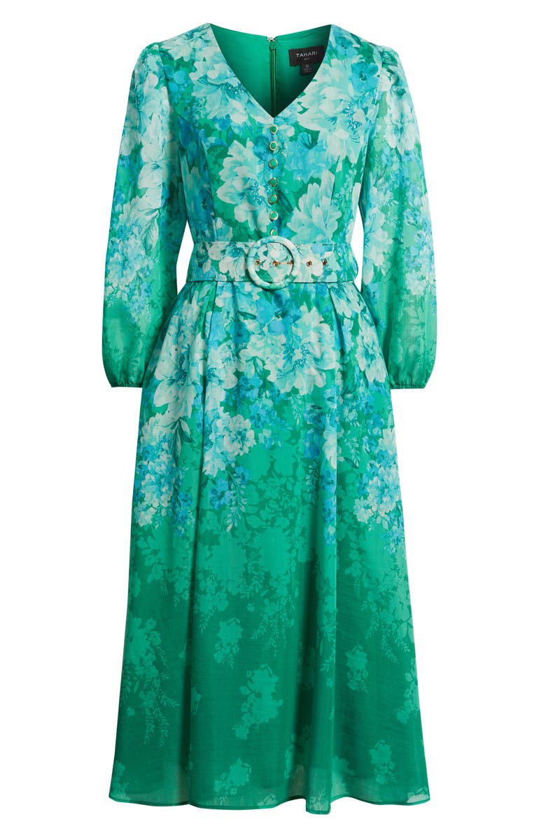 Tahari ASL Floral Belted Long Sleeve Dress, Alternate, color, Green