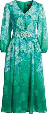 Tahari ASL Floral Belted Long Sleeve Dress