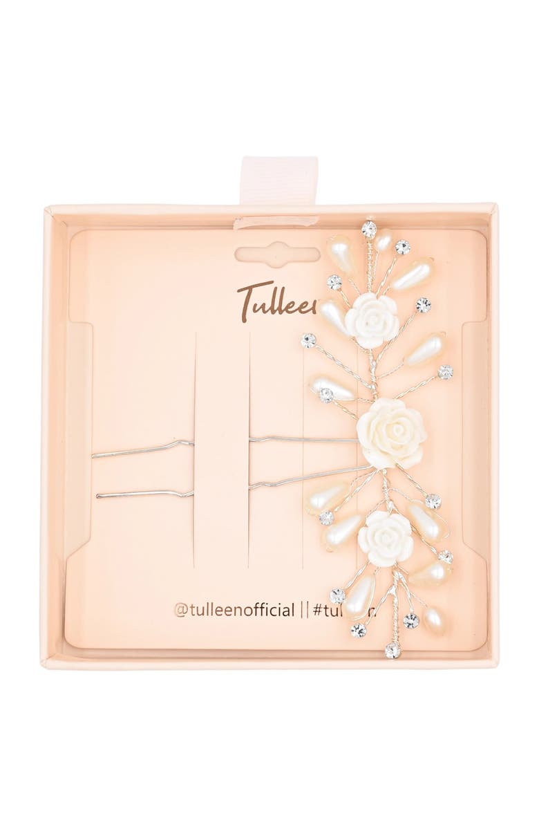 Tulleen Rhinestone Ivory Pearl and Rose Hair Pin, Alternate, color, Silver