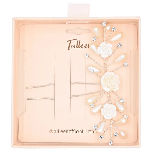 Tulleen Rhinestone Ivory Pearl And Rose Hair Pin In Silver