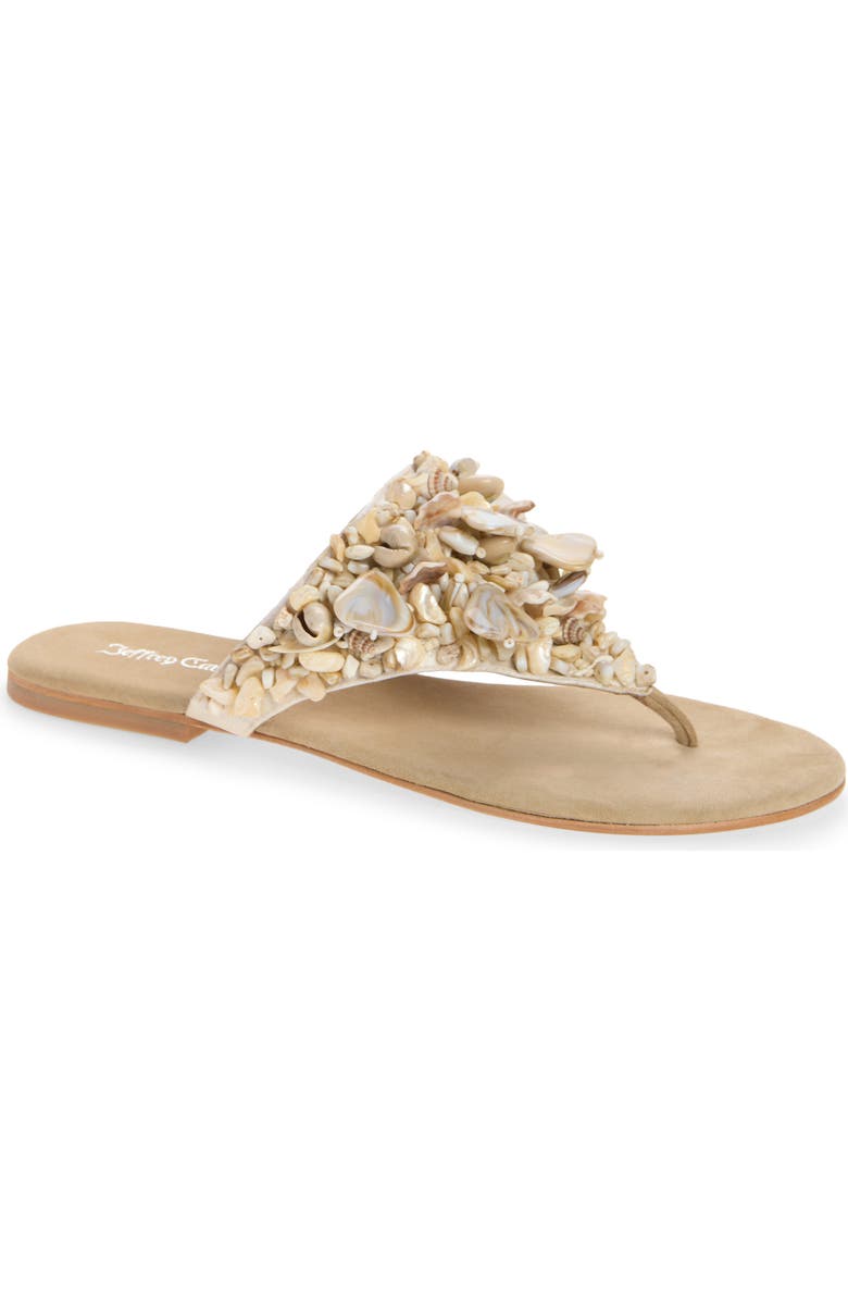 Jeffrey Campbell Tidal Wave Shell Embellished Thong Sandal, Main, color, Beige Suede Combo