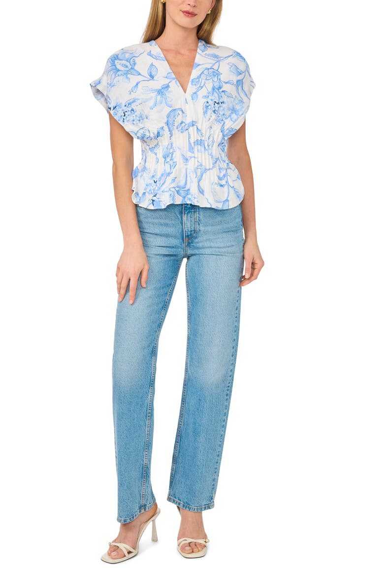 Floral Short Sleeve Pleated Peplum Top, Alternate, color, LUCENT WHITE
