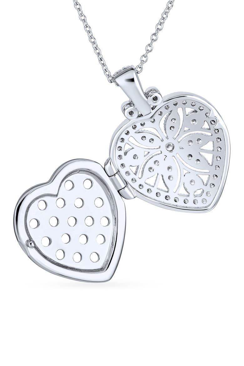 Sterling Silver & CZ Vintage Flower Heart Locket Necklace, Alternate, color, SILVER