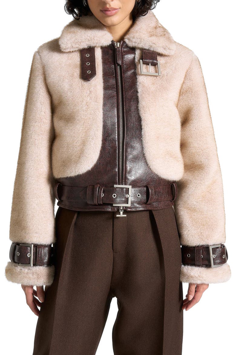 Deya Plush & Leather Leather Belted Jacket, Alternate, color, Beige/Brown