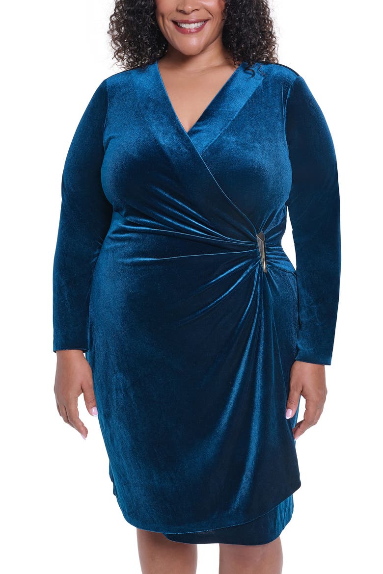 Faux Wrap Stretch Velvet Sheath Dress, Alternate, color, CYPRESS