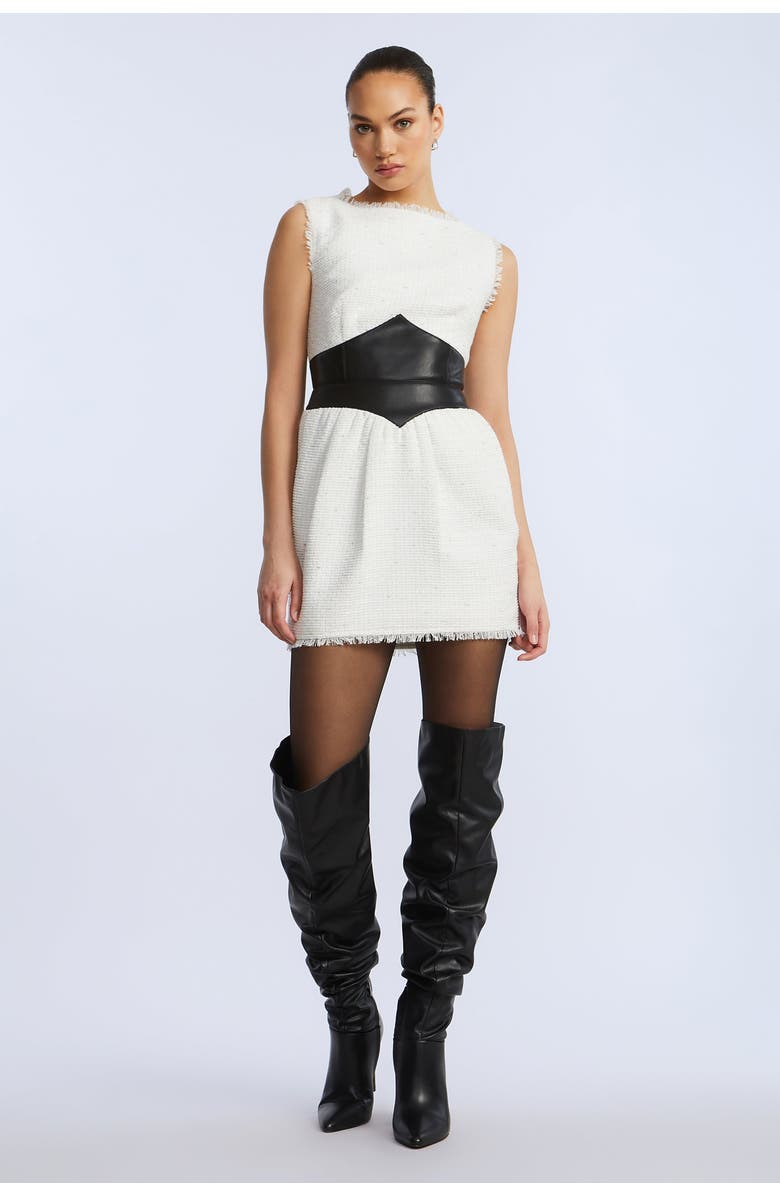 BCBGMAXAZRIA Leather Tweed Dress, Alternate, color, Black/White