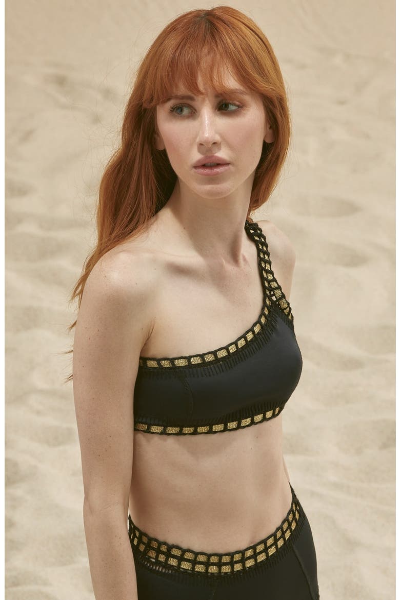 'ChaCha' One-Shoulder Bikini Top, Main, color, BLACK/ GOLD