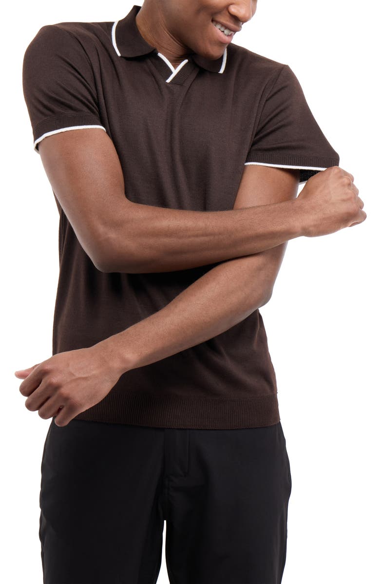 Spring + Mercer Short Sleeve Johnny Collar Polo Sweater, Alternate, color, Brown/ White