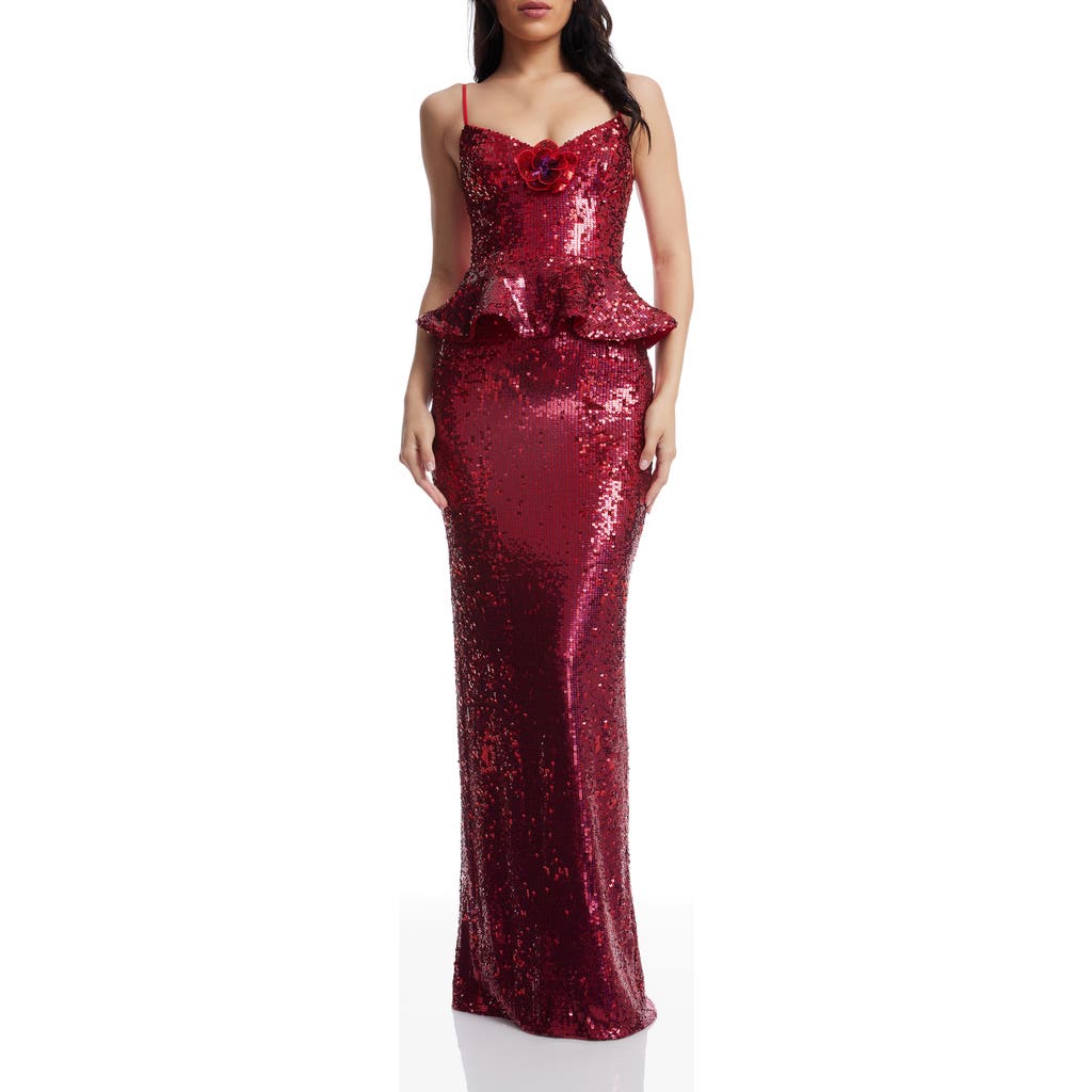 Dress The Population Akiah Sequin Ruffle Column Gown In Burgundy