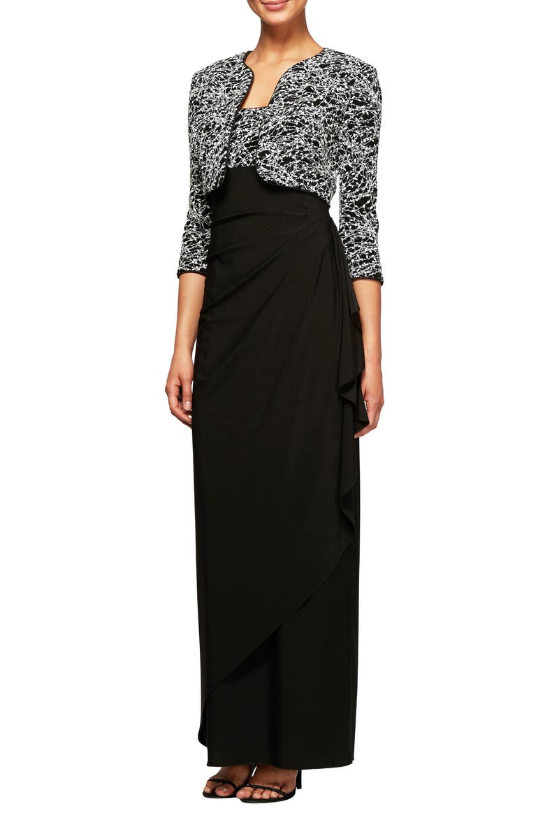Empire Waist Gown with Bolero Jacket, Main, color, BLACK WHITE