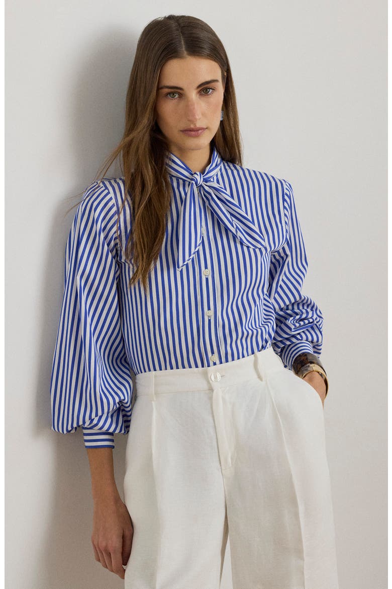 '70s Stripe Cotton Broadcloth Crop Popover Shirt, Alternate, color, BLUE/ WHITE