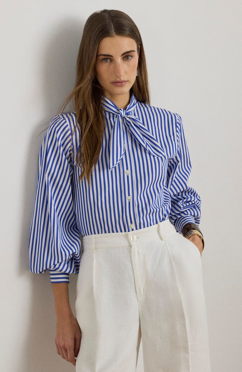 Lauren Ralph Lauren Stripe Tie Neck Cotton Broadcloth Button-Up Shirt, Alternate, color, Blue/ White