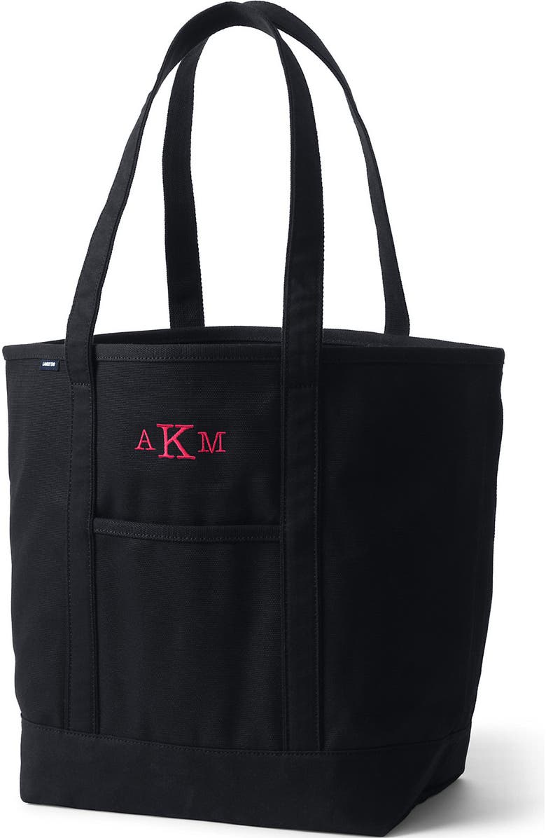 Lands' End Open Top Long Handle Canvas Tote Bag, Main, color, Black/Black