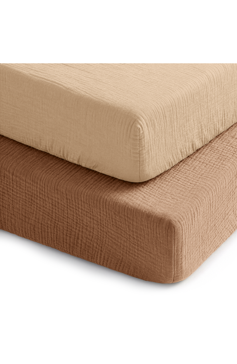 Comfy Cubs Muslin Fitted Crib Sheet - Pack of 2, Main, color, Cedar And Cream