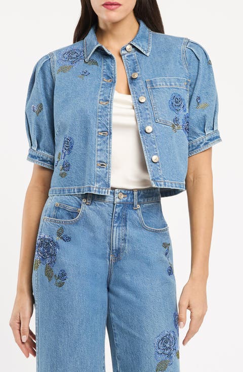 Halsie Heatset Sequin Roses Denim Crop Top