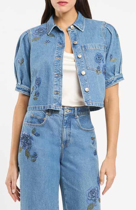 Halsie Heatset Sequin Roses Denim Crop Top